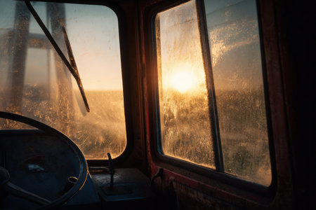 Sunset Light Illuminates Dusty Tractor Cabin with Golden Reflectionsの素材
