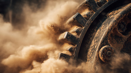 Close-Up of Tractor Engine with Straw Dust and Metal Textures in Rustic Toneの素材