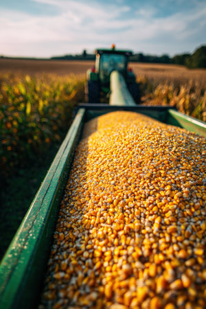 Close-up of Green Tractor with Grain Trailer Overflowing with Corn Kernelsの素材