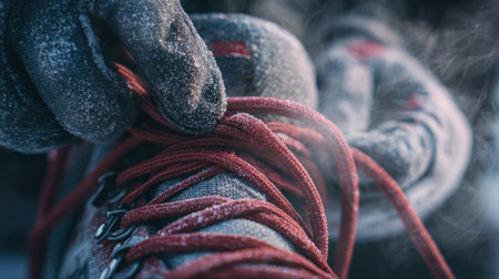 Close-Up of Skater Tightening Red Laces with Frost-Covered Glovesの素材