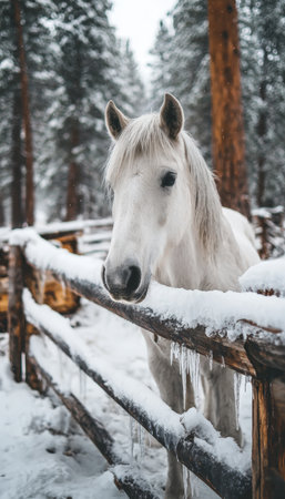 White Mare by Snowy Rustic Fence with Icicles and Pine Treesの素材