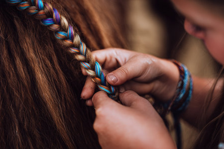Child Braiding Horses Mane with Colorful Ribbons in a Playful Sceneの素材