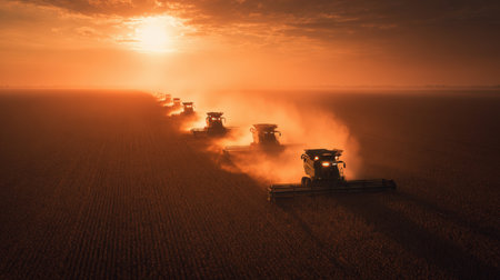 Fleet of Combine Harvesters in Synchrony on Soybean Field at Golden Hourの素材
