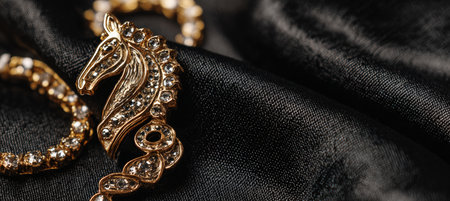 Elegant Golden Horse Jewelry on Black Satin Backgroundの素材