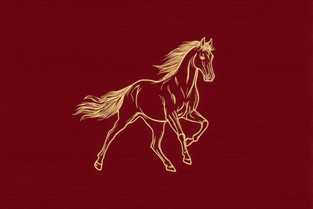 Elegant Golden Horse Outline on Deep Red Background for Luxury Designの素材