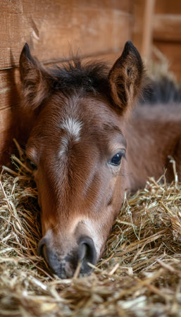 Close-up of a Sleepy Foal Resting in Hay Inside a Cozy Stableの素材