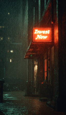 Moody Neon "Invest Now" Sign in Rainy Alley, Cinematic Noir Styleの素材