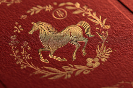 Zodiac New Year Card with Golden Horse on Red Floral Backgroundの素材