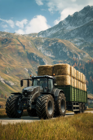 Black Tractor Hauling Hay Bales in Mountainous Countryside Sceneの素材