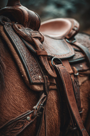 Close-up of Leather Saddle and Harness Detail on Horses Backの素材