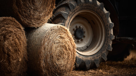 Close-Up of Hay Bales and Tractor Wheel in Warm Farm Settingの素材