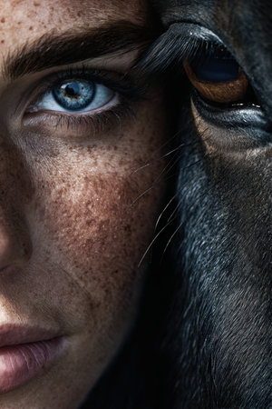 Dramatic Close-Up of Models Face and Horses Eye in Studio Lightの素材