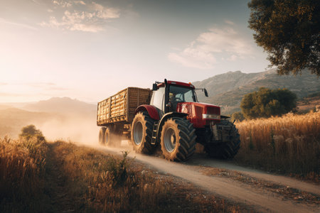 Red Tractor Pulling Wheat Trailer on Sunlit Rural Dirt Roadの素材