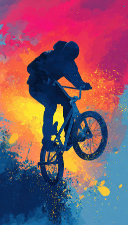 Dynamic BMX Trick Silhouette with Vibrant Gradient Explosion Backgroundの素材