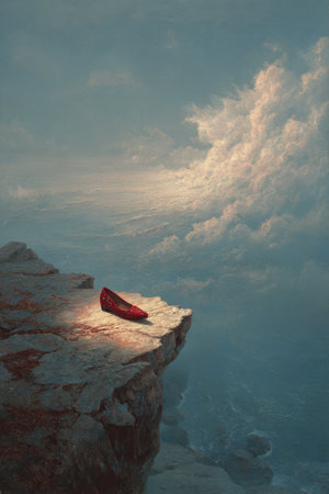 Symbolic Red Shoe on Cliff Edge with Dramatic Skyの素材
