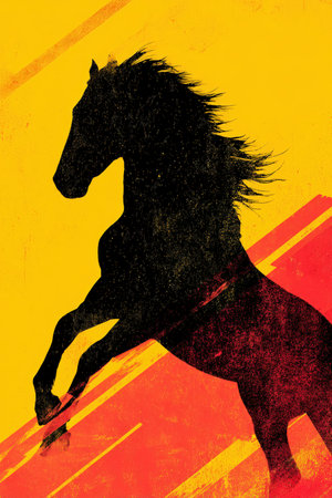 Silhouette of Rearing Horse on Vibrant Yellow and Red Backgroundの素材