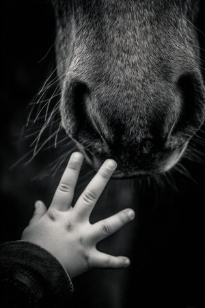 Childs Hand Touching Horses Muzzle in Emotional Close-Upの素材