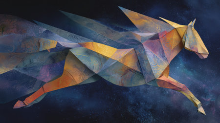 Origami Horse with Abstract Patterns Floating in Spaceの素材