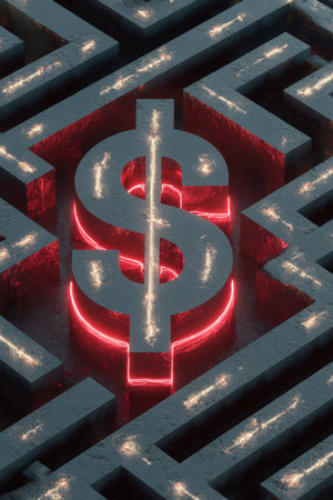 3D Dollar Sign Maze with Glowing Red Risky Paths in Isometric Designの素材