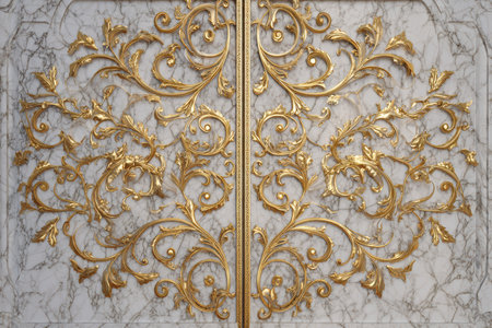 Fantasy Ornamental Gate with Gold Embossed Horse Design on Marbleの素材