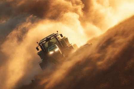 Tractor Climbing Hill with Soybeans in Dusty Sunlit Sceneの素材