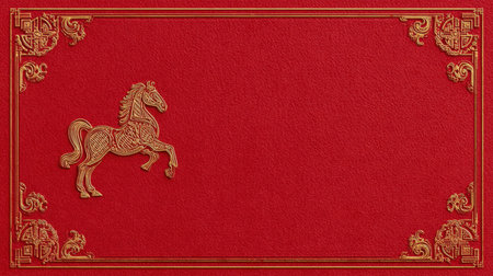 Elegant Red Backdrop with Golden Horse and Ornate Corner Designsの素材