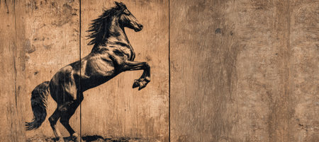 Vintage Western Poster with Rearing Wild Horse on Wood Texture Backgroundの素材