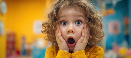 A child displays an exaggerated, humorous terrified expression, knowing it's a joke, in a vibrant playroom. The colorful background enhances the playful and comedic atmosphere.の素材