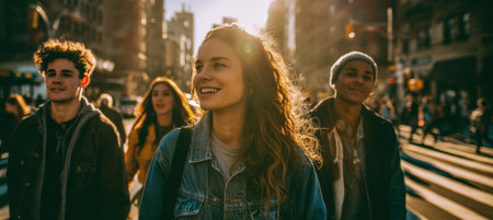 A group of friends joyfully cross a city street, with one person making a funny face while laughing. The scene captures a natural, sunlit urban atmosphere, highlighting friendship and spontaneity.の素材