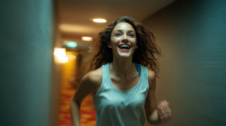 A woman is captured mid-run through a hallway, laughing and looking back with a mix of fear and amusement. The dynamic indoor lighting and motion blur enhance the sense of movement.の素材