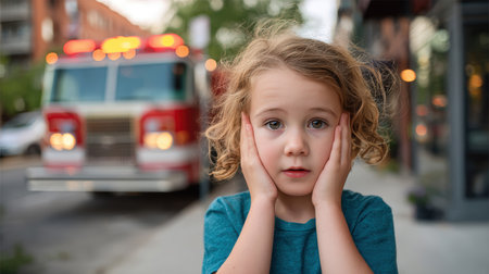 A child stands on a city sidewalk, covering their ears with both hands and making a funny face as a fire truck with sirens blares by in the background.の素材