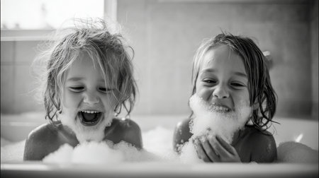 Two siblings enjoy a playful bath, creating soap bubble beards and laughing in a modern bathroom with natural daylight. Their wet hair and soapy hands add to the fun atmosphere.の素材