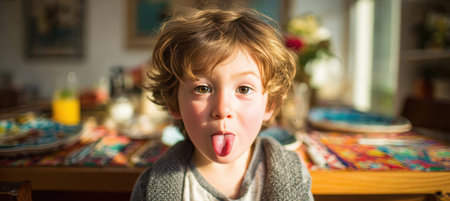 A child dramatically sticks out their tongue after tasting something sour, set against a colorful breakfast table in soft morning light, capturing a playful and candid moment.の素材