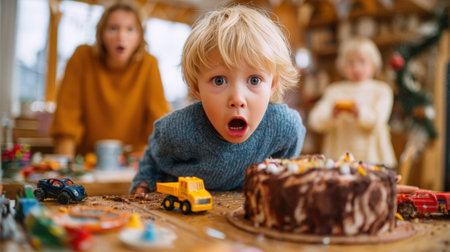 A toddler accidentally knocks over a birthday cake with a toy truck, while parents look on in shock. The scene captures a humorous moment in a festive indoor family setting.の素材