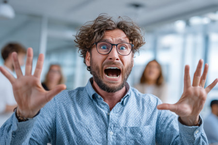 A man is caught mid-scream with hands raised, eyes wide in disbelief, reacting to a prank in a bright office. Coworkers in the background are laughing, adding to the lively atmosphere.の素材
