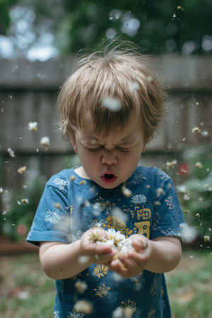 A close-up of a toddler sneezing unexpectedly while holding a flower, causing petals to fly mid-air in a backyard garden. A funny and unpredictable moment captured in nature.の素材