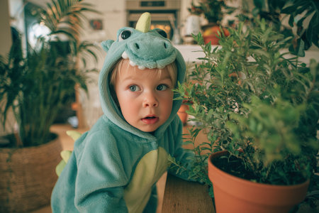 A young boy dressed as a dinosaur accidentally knocks over a potted plant, capturing a spontaneous and humorous moment in a home setting with natural lighting.の素材