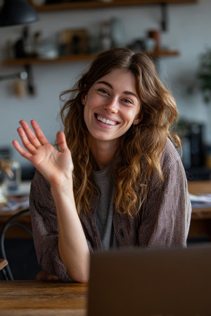 A young adult with a sheepish smile waves during a muted Zoom meeting in a modern home office. This humorous scene captures a relatable remote work scenario, blending humor and reality.の素材