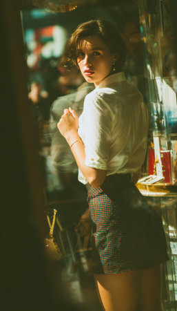 A candid shot of a woman adjusting her skirt, captured mid-motion with a mildly embarrassed expression. The scene is set in natural light with an urban background.の素材