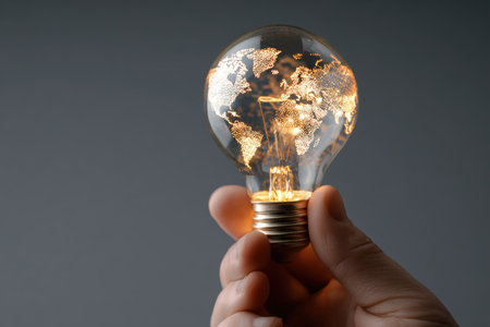 A hand holds a glowing light bulb with an illuminated world map inside, casting a warm golden light against a dark background. This minimalist photo symbolizes global innovation.の素材
