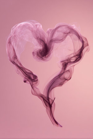 A heart shape formed by delicate, flowing smoke against a soft pink backdrop. The wisps create a dreamy, romantic structure with translucent edges, evoking a sense of love and serenity.の素材