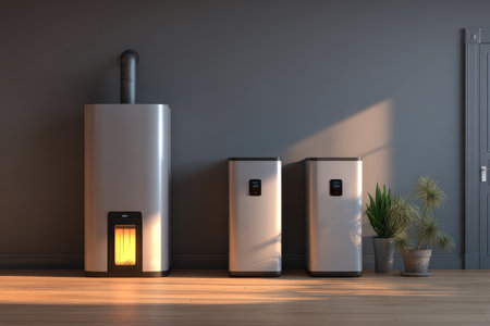 Modern home interior featuring a renewable heating system with a pellet furnace and silver boilers. The setup is highlighted by soft lighting and warm tones, emphasizing minimalism.の素材