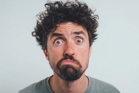 A man humorously contorts his face with curled lips and flared nostrils, creating an awkward yet amusing expression against a clean white backdrop.の素材