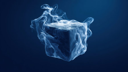 A geometric cube formed by flowing smoke, set against a solid navy blue background. The wisps create a sleek, futuristic structure with translucent edges, evoking a sense of mystery.の素材