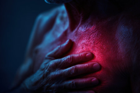Detailed macro photograph of an older man's hand placed on his chest, highlighted by a red glow to indicate a pain point. Captured in fine art style, emphasizing medical themes.の素材