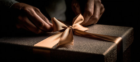 Close-up of hands elegantly tying a satin ribbon on a luxury gift box. The dark textured background and dramatic studio lighting enhance the high-end holiday packaging theme.の素材