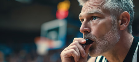 Close-up of a basketball referee blowing a whistle during gameplay. The referee's focused expression, uniform, and whistle are clearly visible against a gymnasium backdrop.の素材