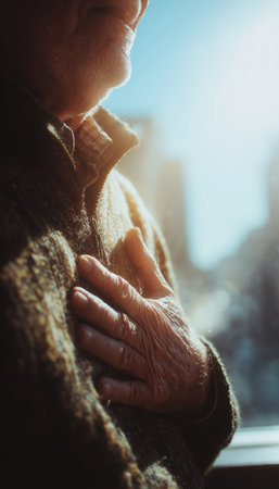 An elderly person clutches their heart area under warm sunlight, capturing an emotional moment with symbolic color contrast and cinematic realism.の素材