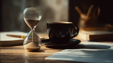 A sand timer, coffee mug, and documents create an elegant morning business atmosphere. Natural light enhances the serene setting, symbolizing time management and productivity.の素材