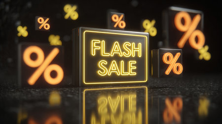 Glowing neon "Flash Sale" sign with floating percentage icons on a black reflective background. The image captures a dynamic and futuristic photorealistic style.の素材